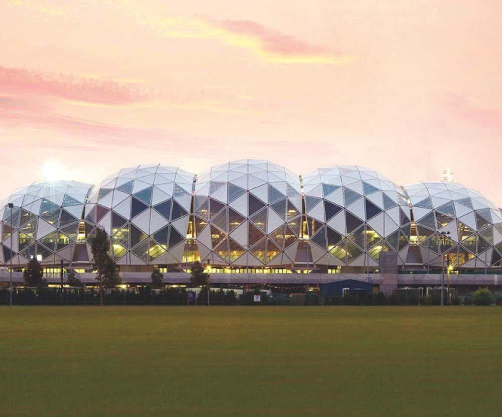 AAMI Park – the faceted exuberance of which is created from more than 2200 diagrid XLERPLATE® steel and glass panels.